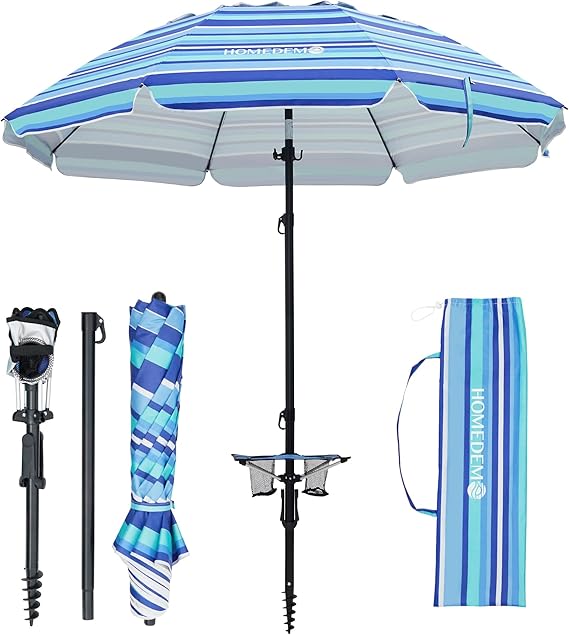7ft Heavy Duty High Wind Beach Umbrella With Foldable Table & Hook