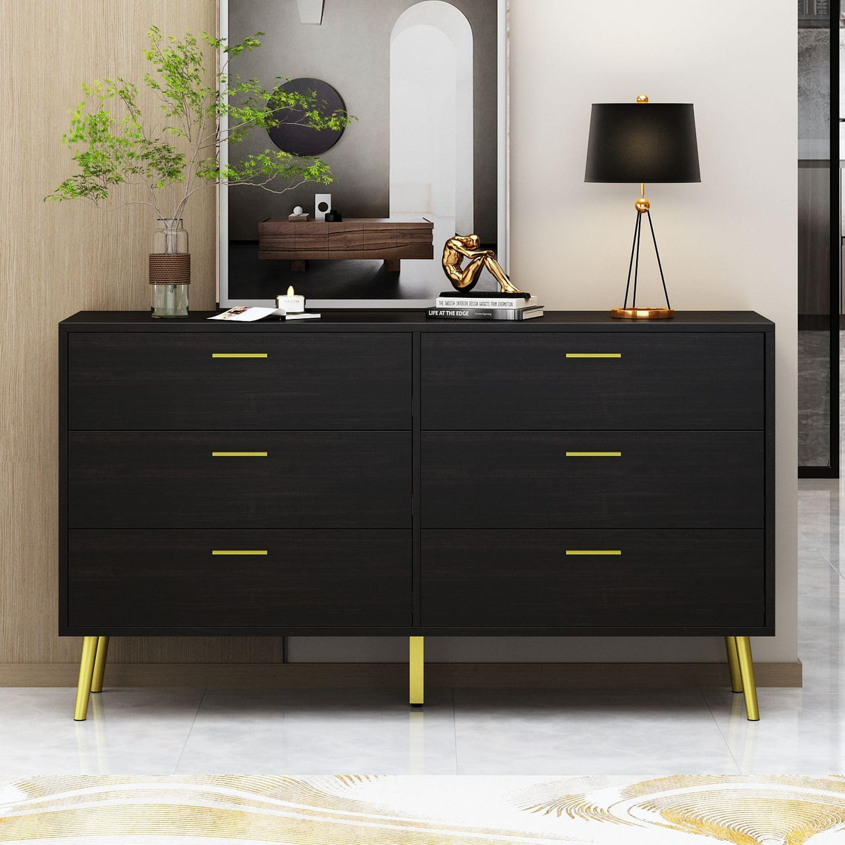 Chest of Drawers 6 Drawer Dresser, Drawer Chest 6 Drawer Cabinet with Gold Metal Legs