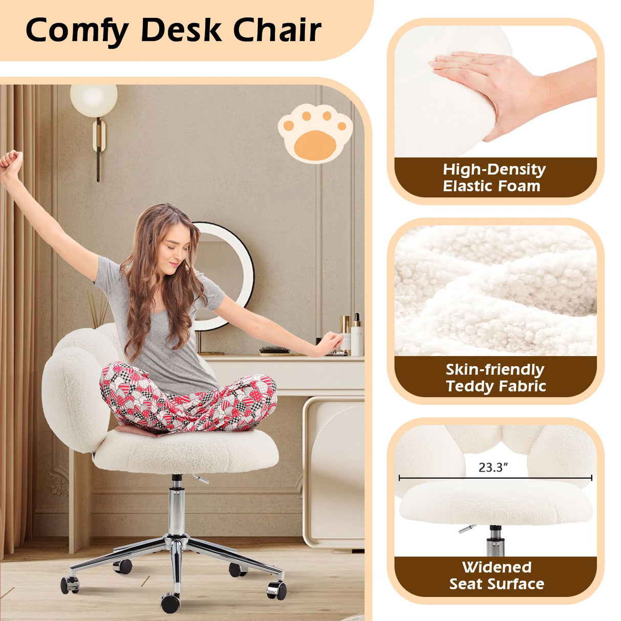 Armless Desk Chair Teddy Fabric Makeup Vanity Chair with Wheels & Adjustable Height Cute Office Chair Criss Cross Cross