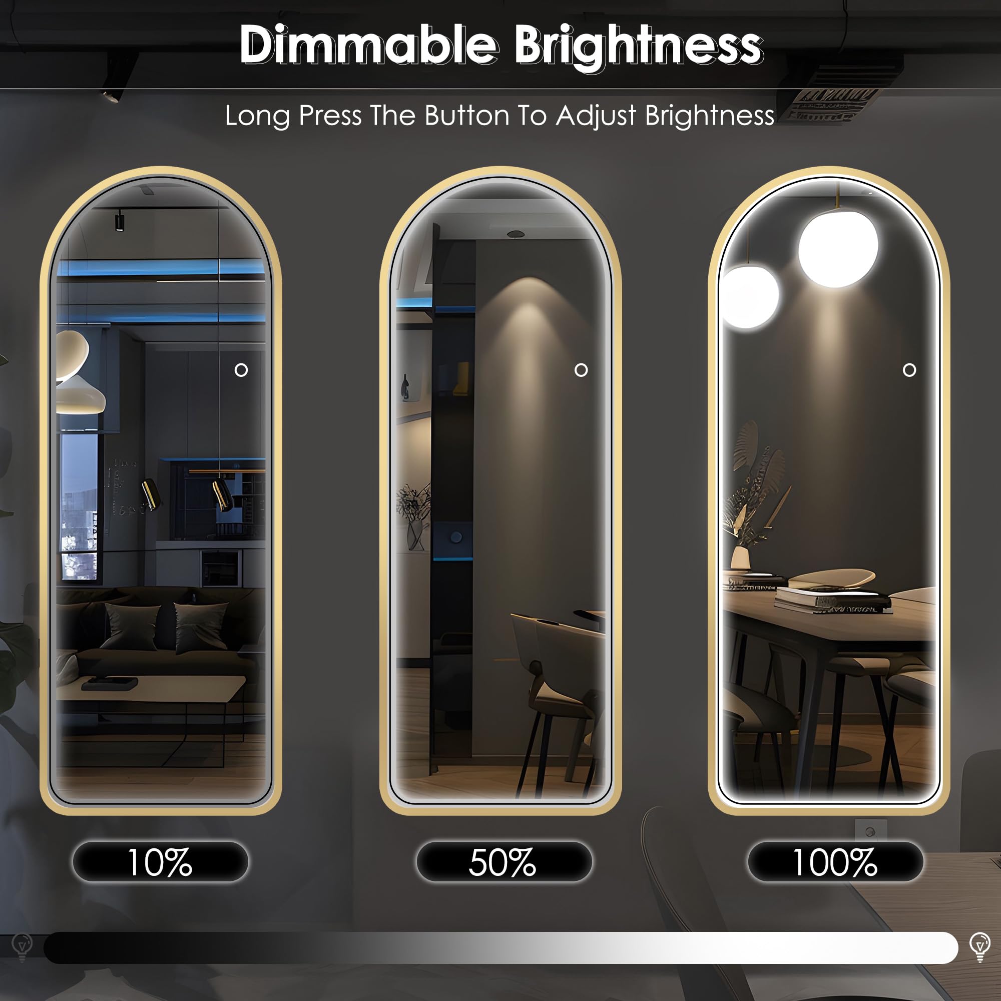 sogesfurniture Full Length Mirror with LED Lights, 64"x20"Floor Mirror with Stand Wall Mounted Hanging Mirror with Lights Free Standing Floor Mirror for Bedroom,Dressing Room, Arched&Glod
