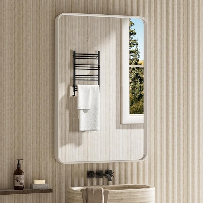 55x30 Inch Brushed Nickel Bathroom Mirror, Brushed Silver Metal Frame Mirror Wall