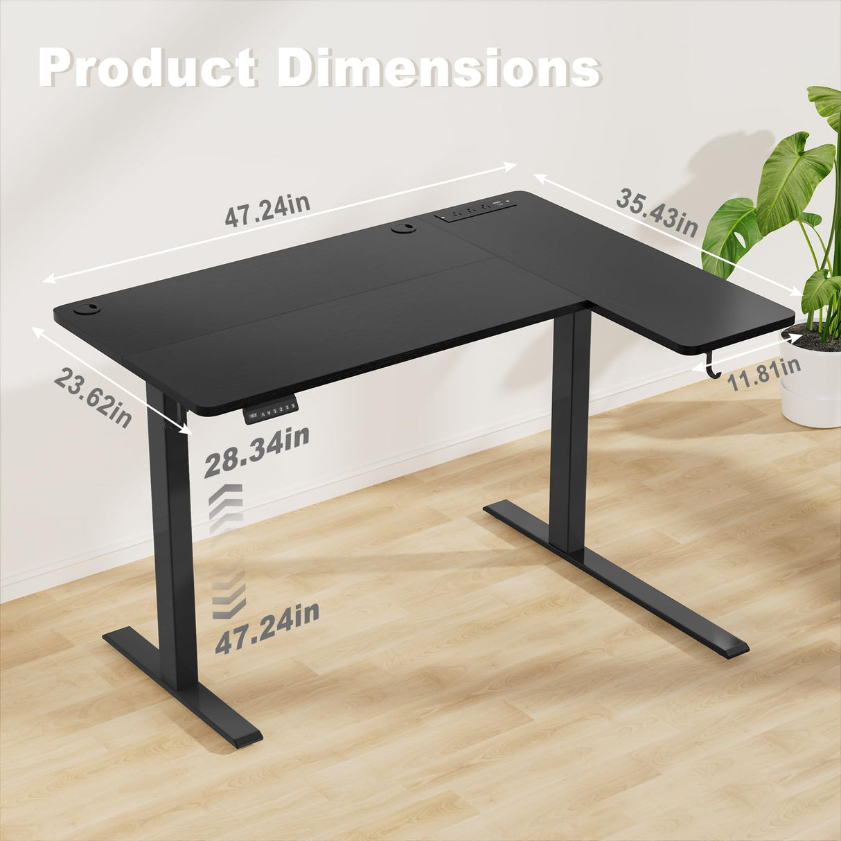 Mr IRONSTONE L Shaped Electric Standing Desk, 47 Inch Height Adjustable Desk with 3 AC Outlets & 2 USB Ports, Corner Adjustable Desk Sit Stand Desk Home Office Computer Desk, Black