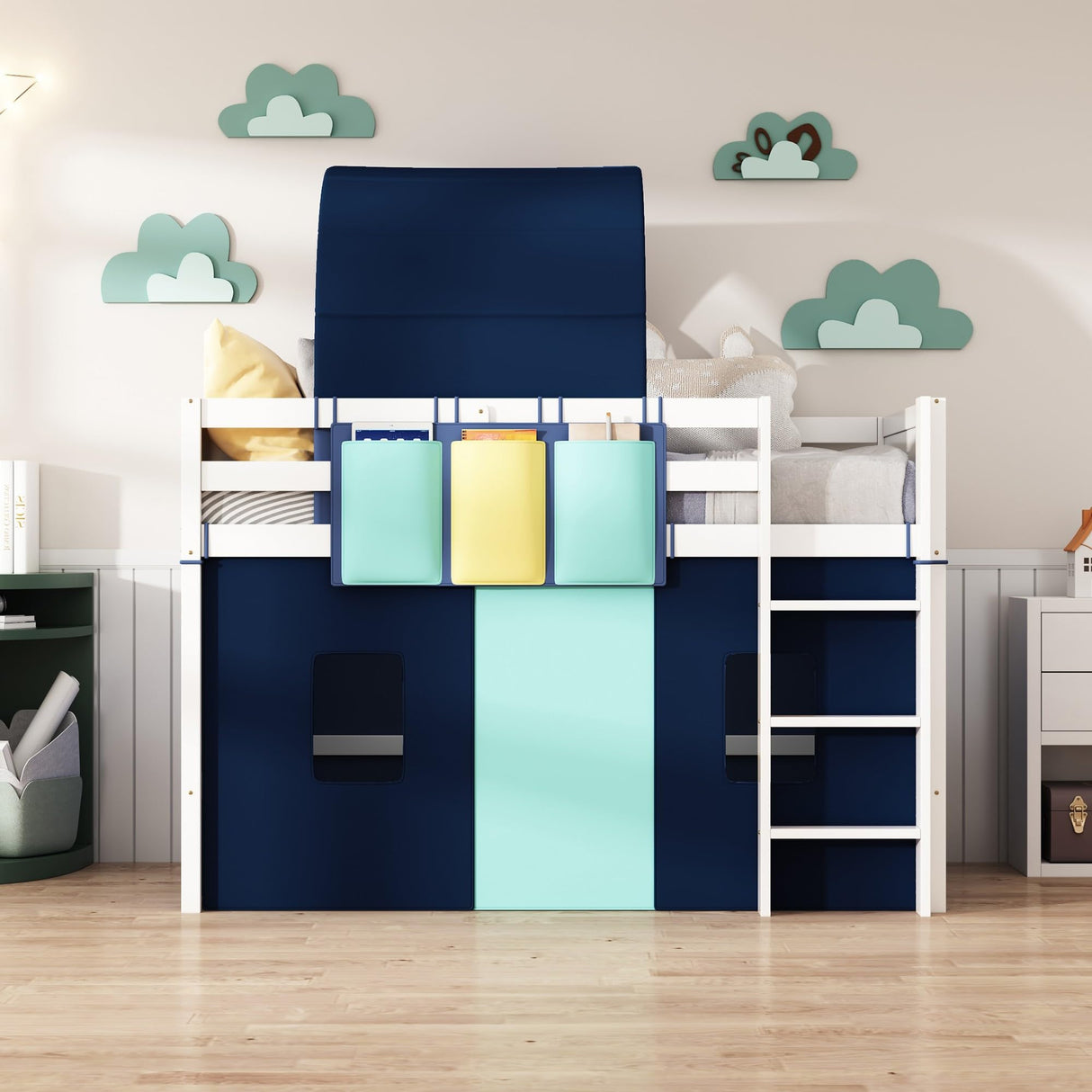 Playhouse Twin Size Loft Bed with Tent and Tower