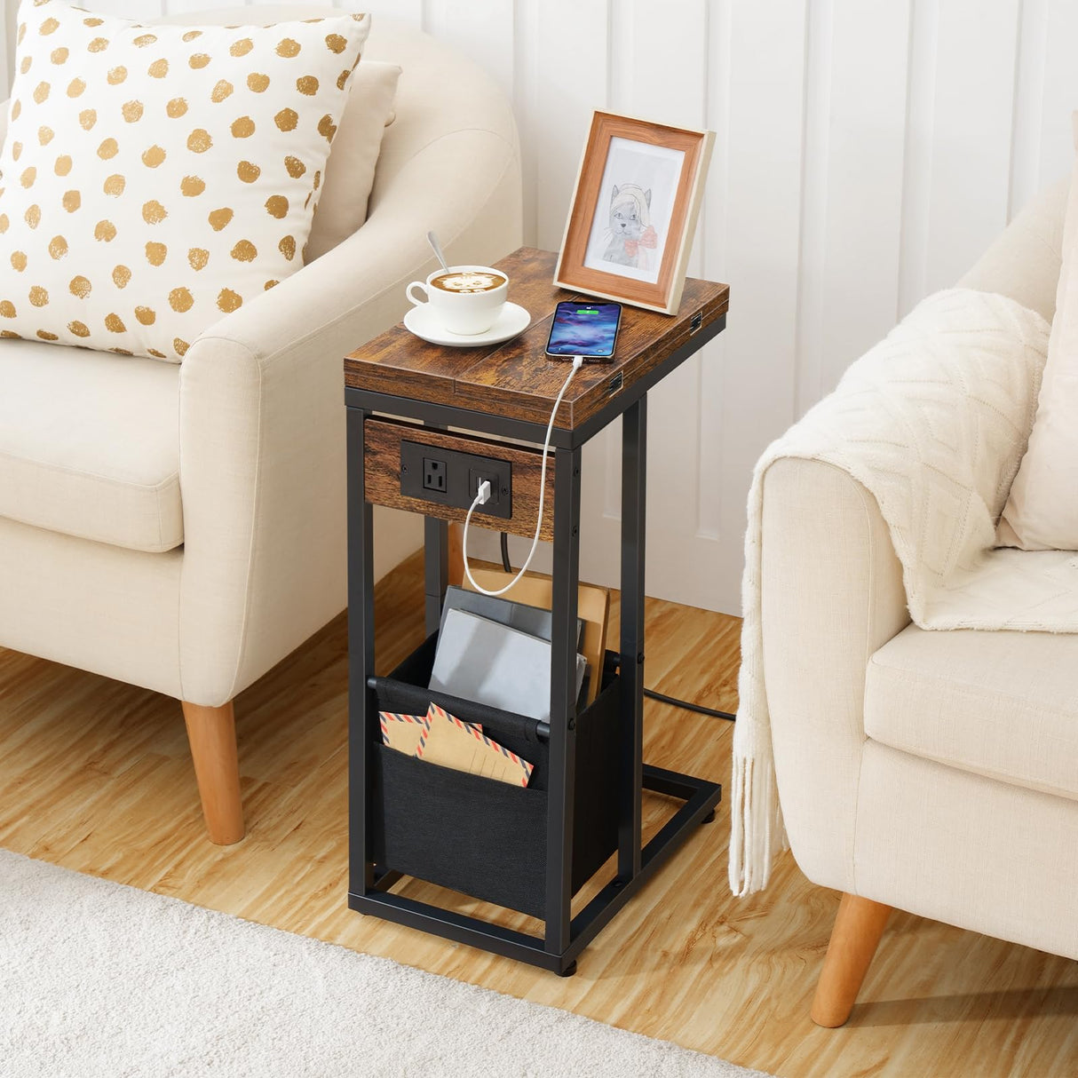 C Shaped Side Table with Charging Station, Foldable End Table with Fabric Bag