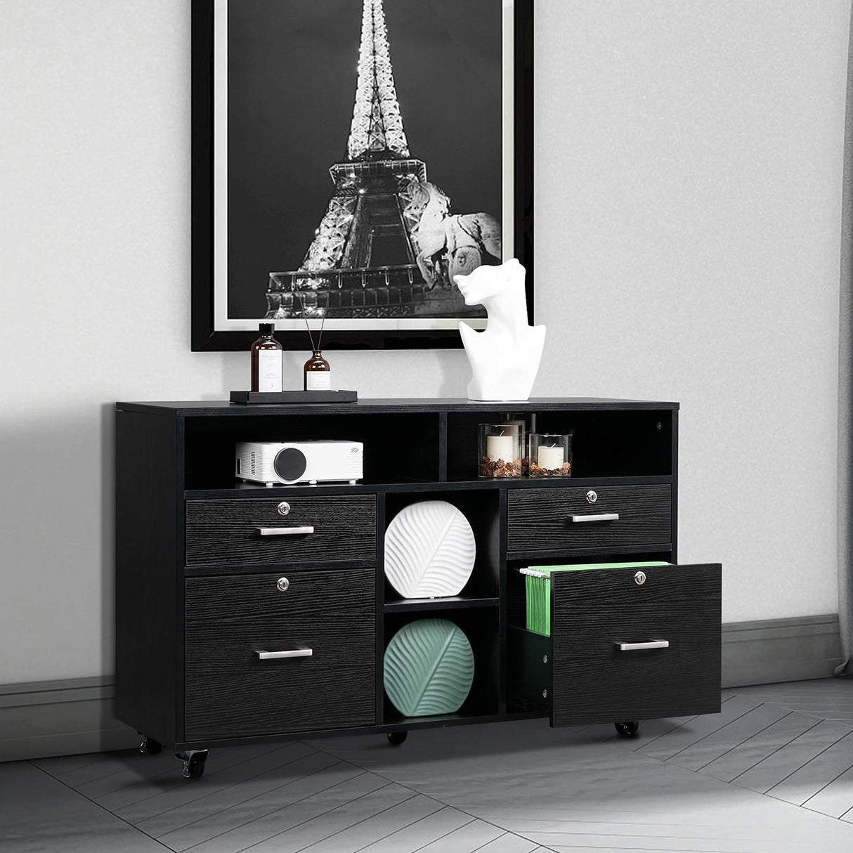 Wood Mobile File Cabinet with 4 Drawers and Shelves, Printer Stand