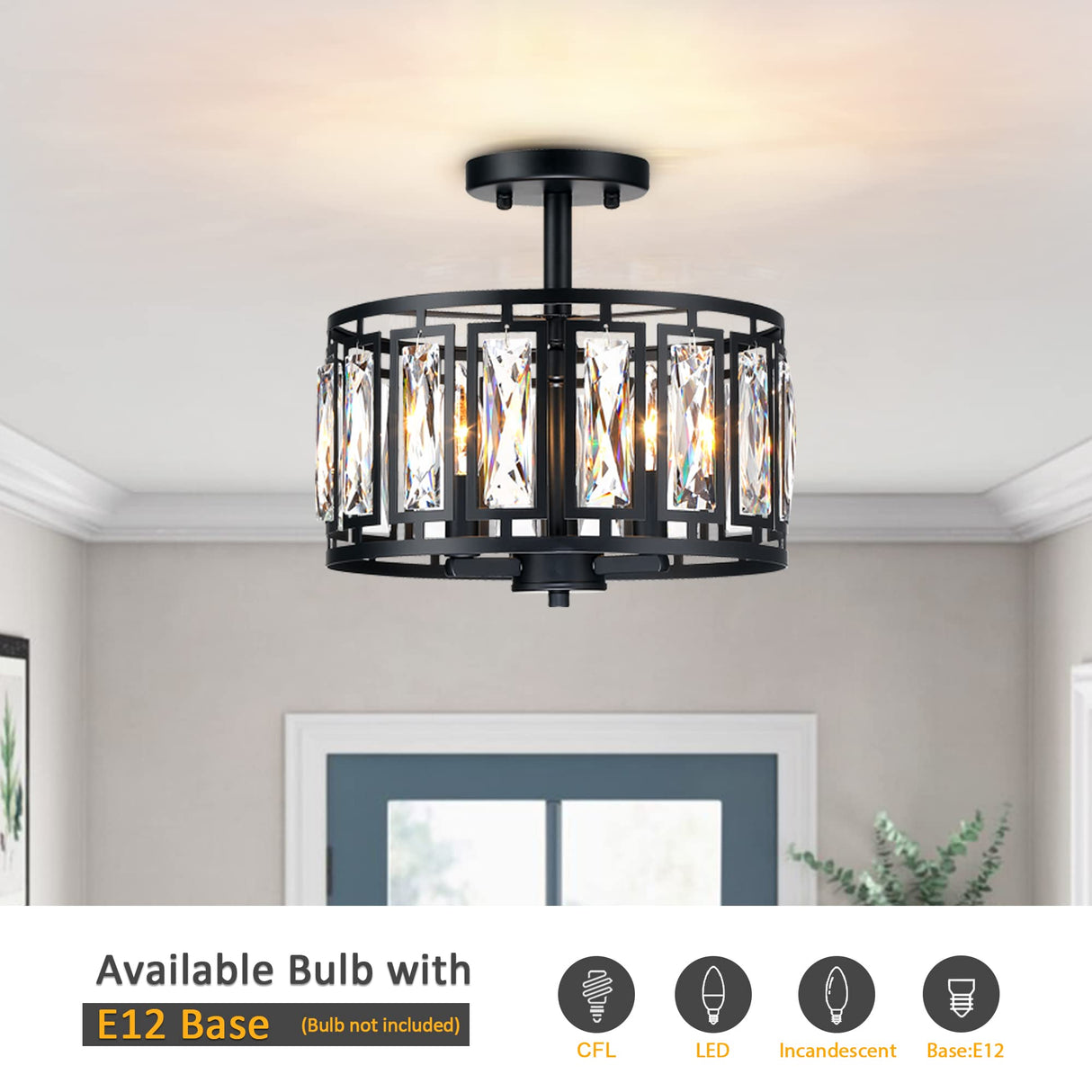 Crystal Semi Flush Mount Ceiling Light Black Close to Ceiling Light Fixtures,3-Light Ceiling