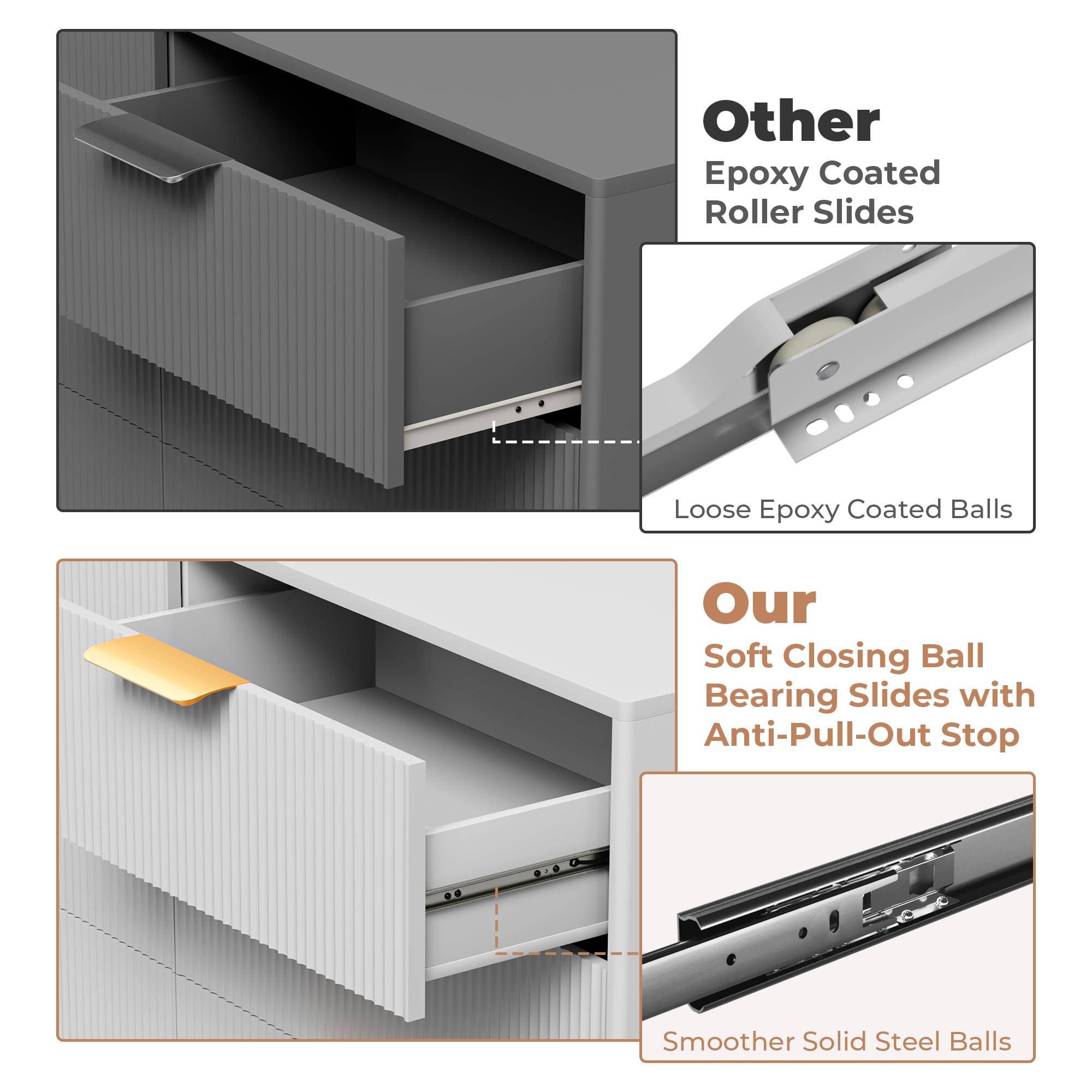 6 Drawer Dresser White Gold for Bedroom, White Wood Modern Double Dresser