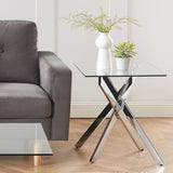 Modern Style Square Side Table with Tempered Glass Top and Metal Tubular Legs