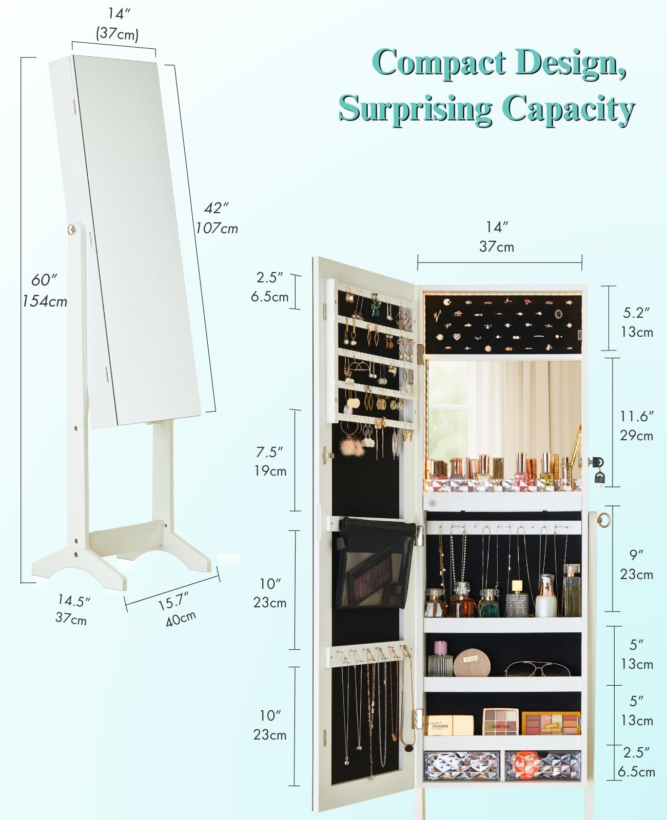 LED Full Length Mirror Jewelry Cabinet with Storage - 60 Inch Standing Armoire