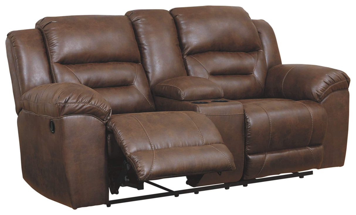 Stoneland Faux Leather Manual Double Reclining Loveseat with Center Console, Dark Brown