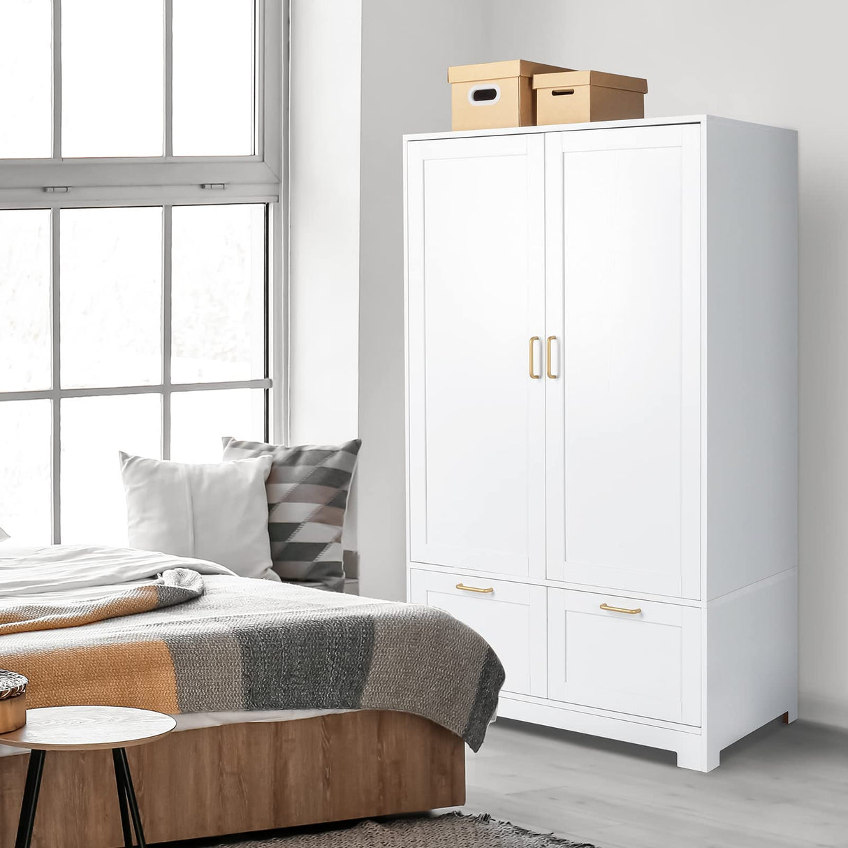 Wide White Armoire Wardrobe Closet with Adjustable Shelves and Drawers