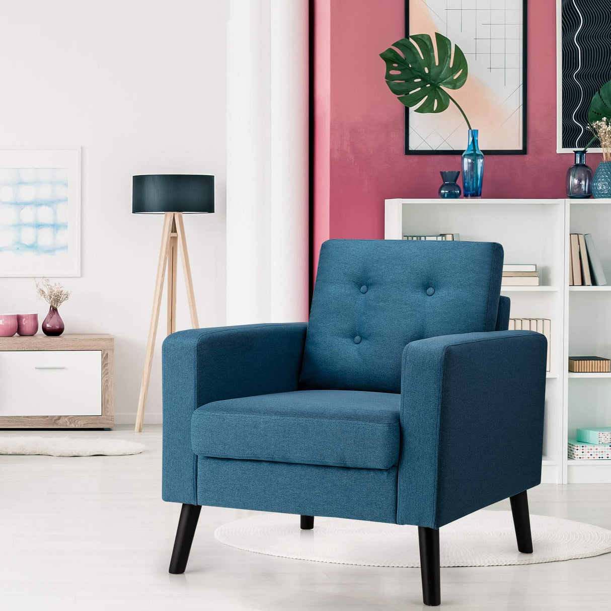 Accent Chair, Mid Century Armchair W/Rubber Wood Legs, Linen Single Sofa W/Fabric Cushion, Upholstered Arm Chair for Living Room, Office, Bedroom (Blue)