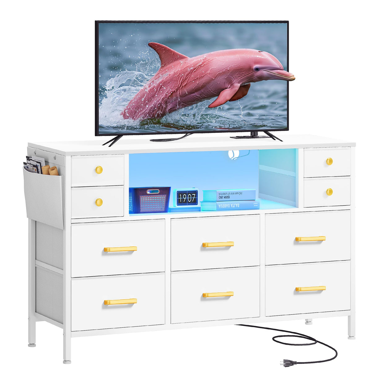 TV Stand with Charging Station, Dresser TV Stand for 55'' TV, 10 Drawer Dresser for Bedroom, Media TV Console Table with Side Pockets & Hooks, Storage Fabric Drawer Unit for Bedroom, White