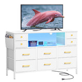 TV Stand with Charging Station, Dresser TV Stand for 55'' TV, 10 Drawer Dresser for Bedroom, Media TV Console Table with Side Pockets & Hooks, Storage Fabric Drawer Unit for Bedroom, White