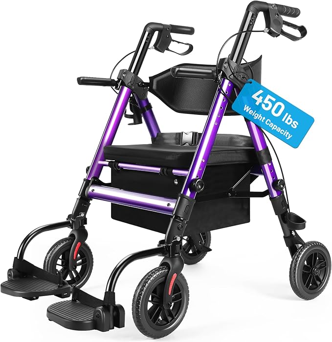 Heavy Duty Rollator Walker for Seniors with Seat, Foldable 2 in 1 Rolling Walkers Wheelchair