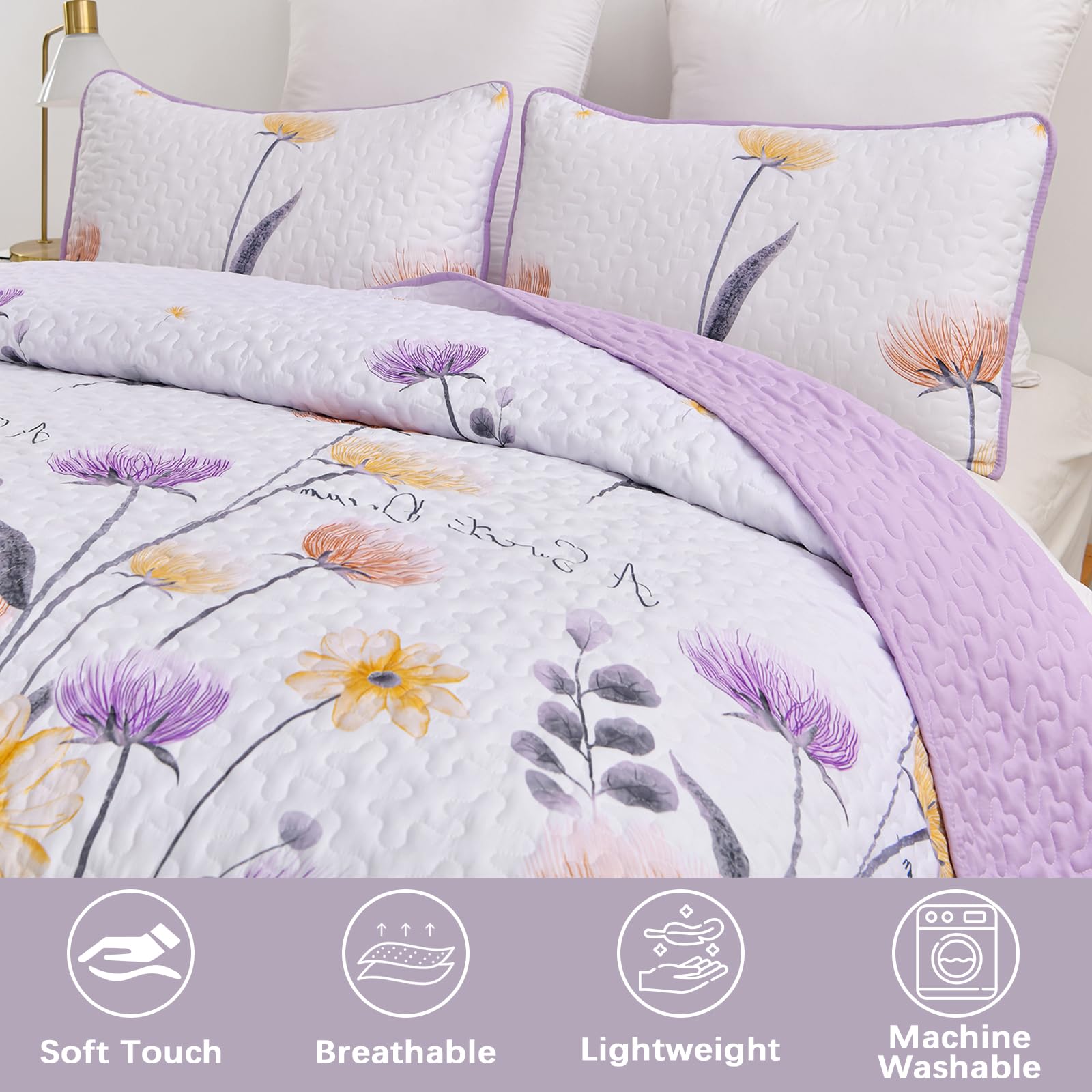 King Size Quilt Set Floral,3 Pieces Purple & Yellow Quilts Coverlet Set Boho Bedspreads Bed Cover Lightweight White Botanical Quilt Bedding Sets for King Bed (90"x104")