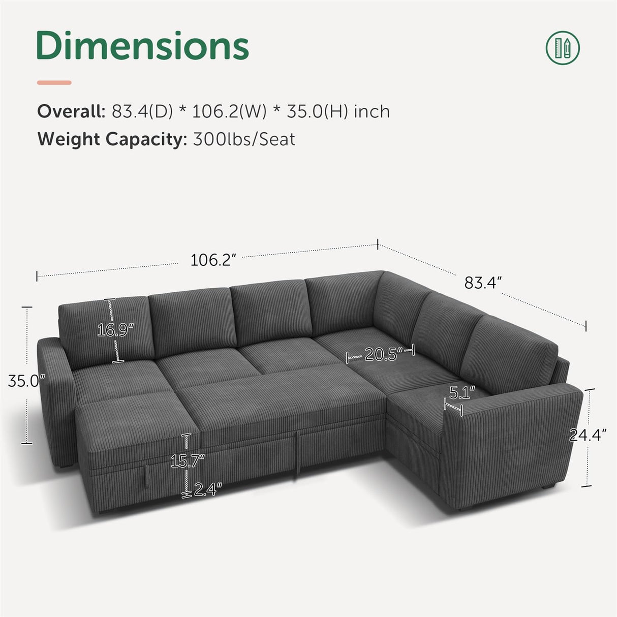 Modular Sectional Couch with Pull Out Bed, Corduroy Sleeper Sofa