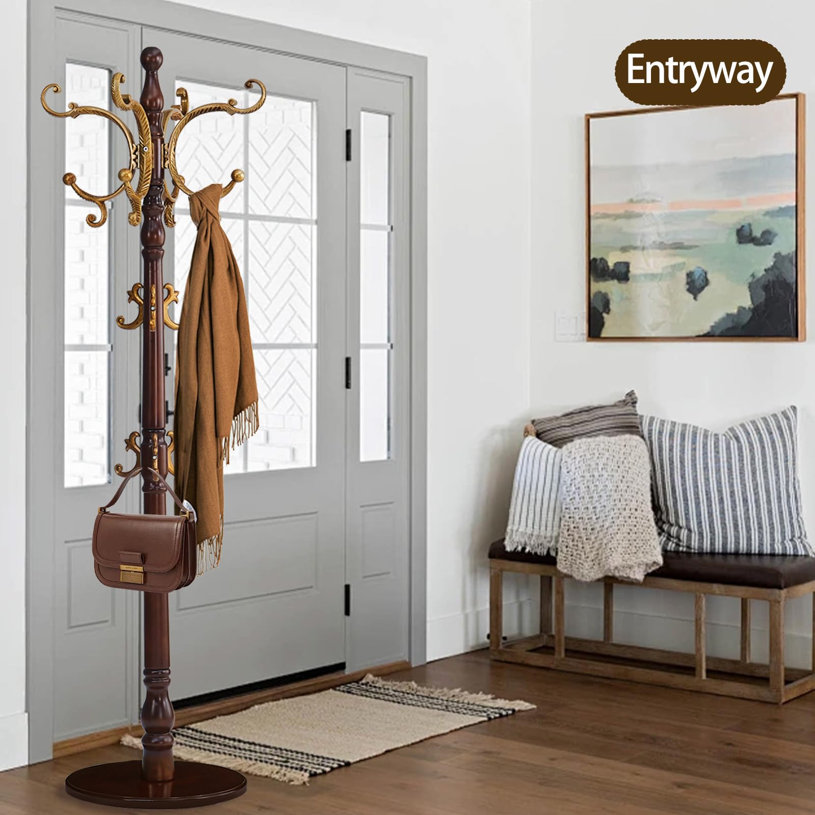 Coat Rack Freestanding, Wooden Coat Tree with Stable Round Base