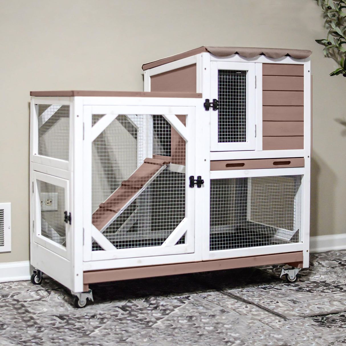 2-Story Rabbit Hutch with Chew-Proof Ramp & Pull-Out Trays - Indoor/Outdoor