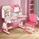 Study Desk Chair Set,Height Adjustable Children's Desk and Chair School Study Table Chair with Astronaut Pattern,Ergonomic Desk Chair with Writing Board, Bookshelf and Drawer Pink