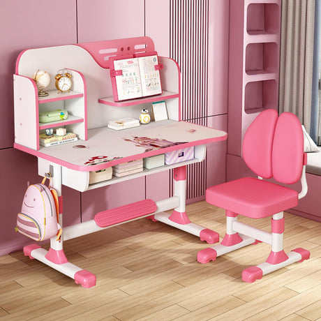 Desk Chair Set,Height Adjustable Children's Desk and Chair School Study Table Chair with Astronaut Pattern,Ergonomic Desk Chair with Writing Board, Bookshelf and Drawer Pink