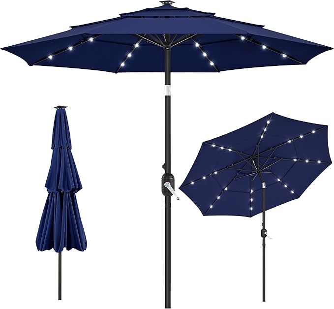 10ft 3-Tier Vented Solar Patio Umbrella, Table Outdoor Market Umbrella with 24 LED Lights