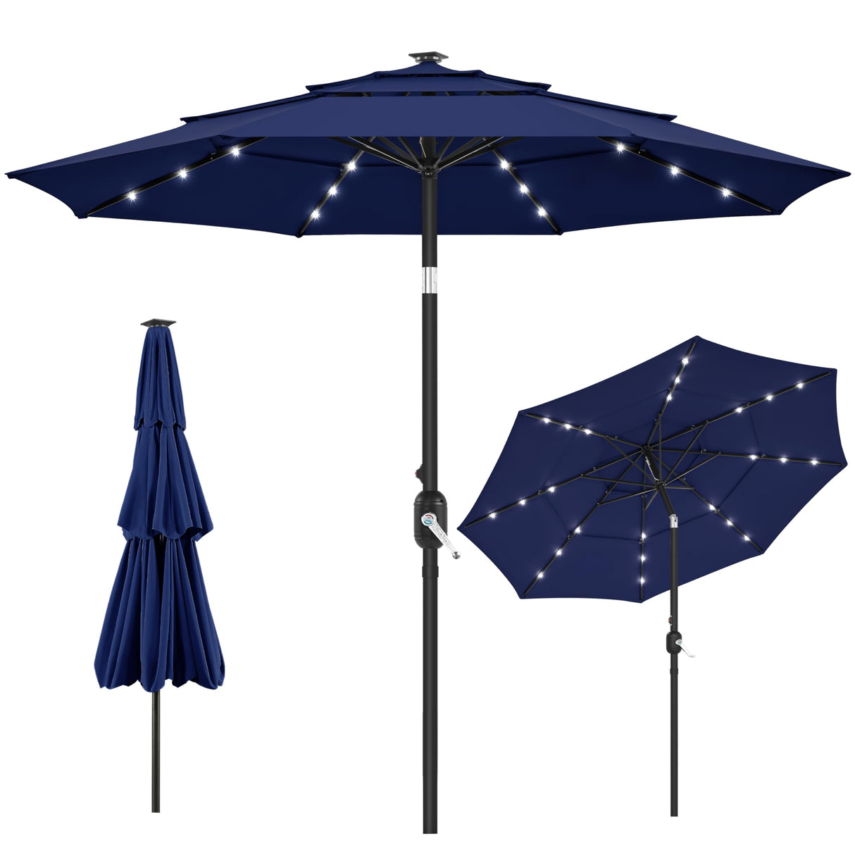 10ft 3-Tier Vented Solar Patio Umbrella, Table Outdoor Market Umbrella with 24 LED Lights