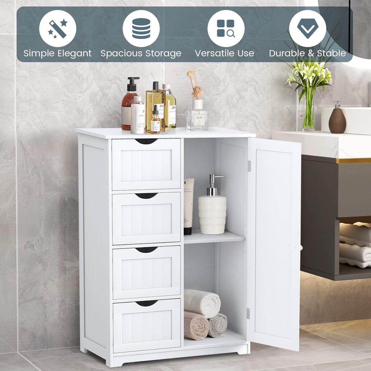 Bathroom Storage Cabinet, Wooden Storage Cupboard Organizer with 4 Drawers