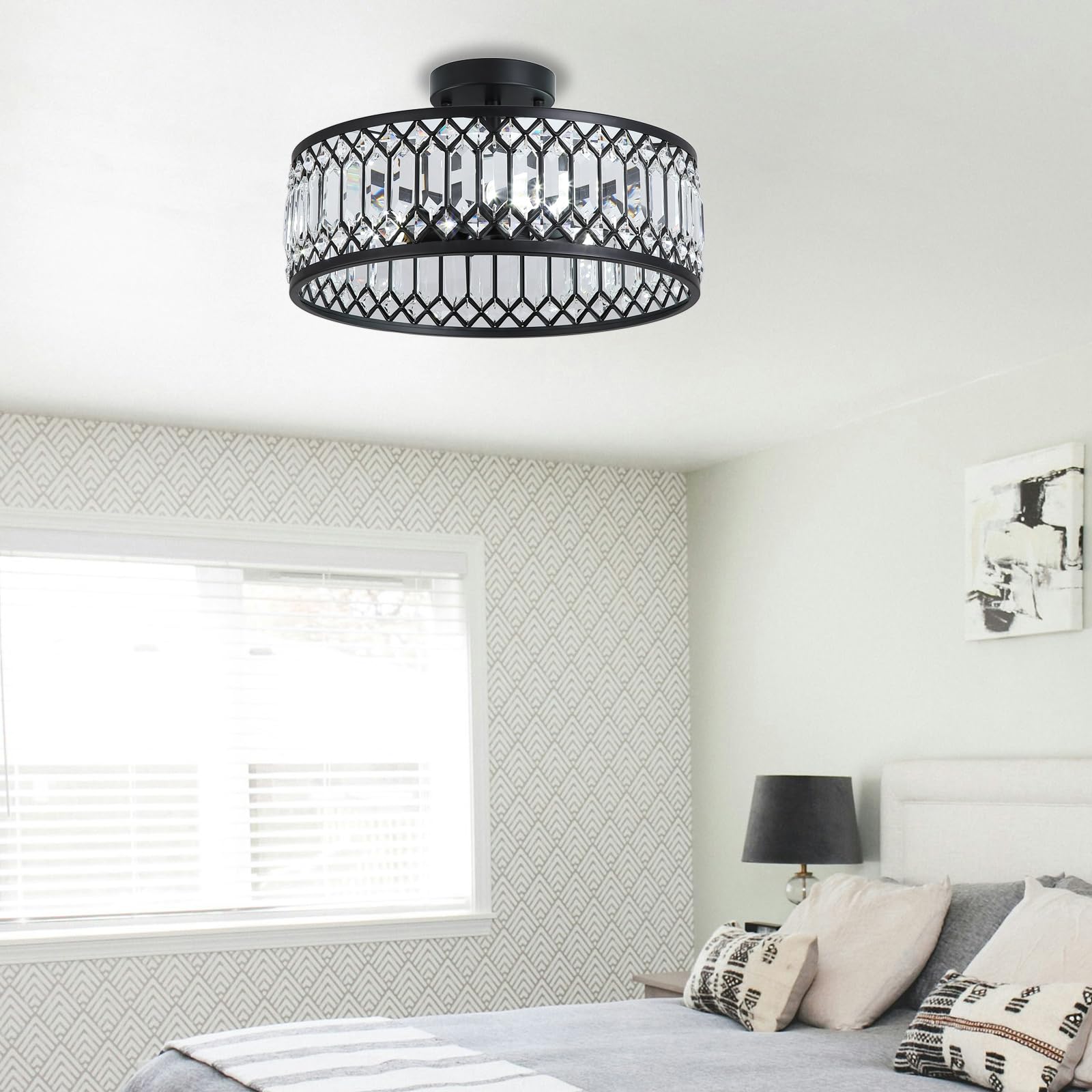 16" Black Crystal Ceiling Light - 3-Light Semi Flush Mount Chandelier