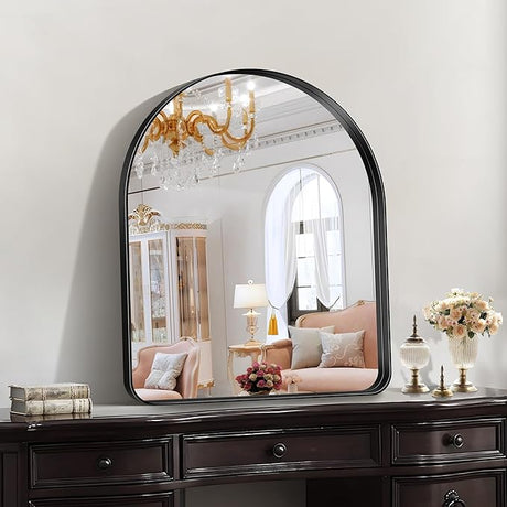 Arched Wall Mirror, 36"×40" Bathroom Mirror Black Deep Frame, Large Modern Dresser Mirror Wall Mounted Decor Metal Frame for Bedroom Living Room Entryway Fireplace Mantel Dining Room