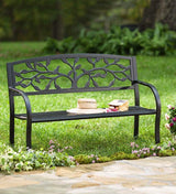 Tree of Life Cast Iron Garden Bench - Outdoor Metal Bench, Weather-Resistant, Black
