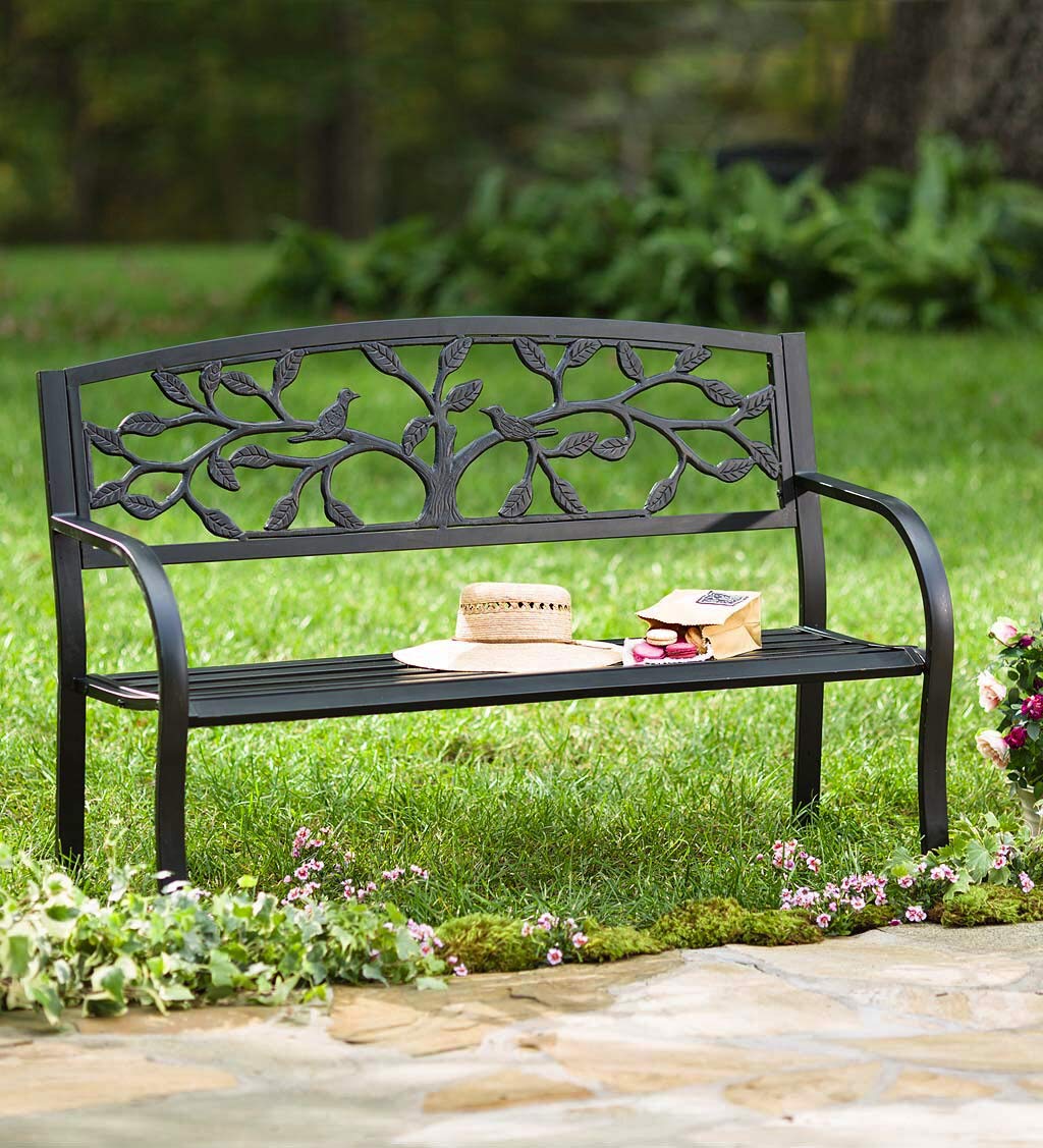 Tree of Life Cast Iron Garden Bench - Outdoor Metal Bench, Weather-Resistant, Black