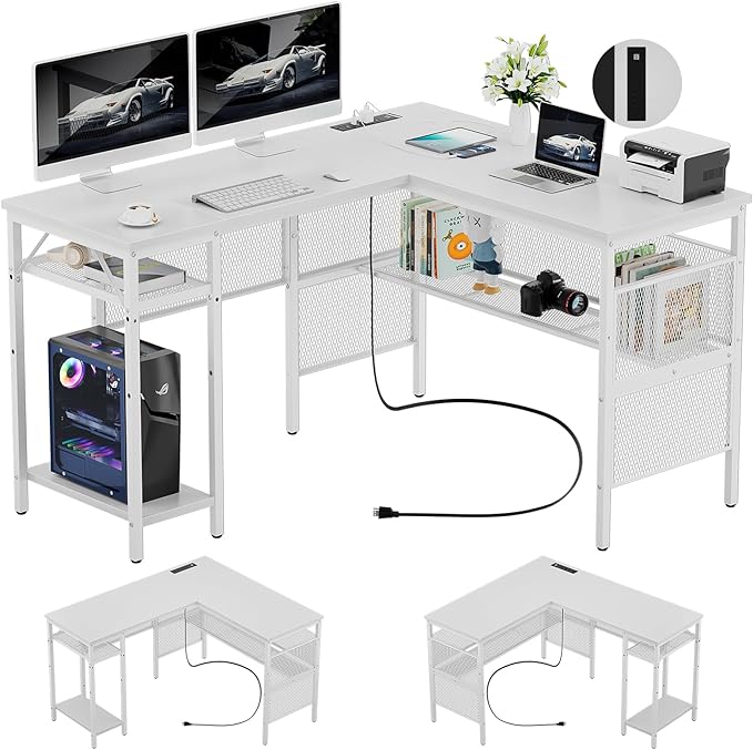 L Shaped Gaming Desk, Large Corner Computer Desk with Power Outlets and USB Ports, Sturdy Home Office Table with Storage Shelf, Attractive Grid Design Writing Desk, Black Oak