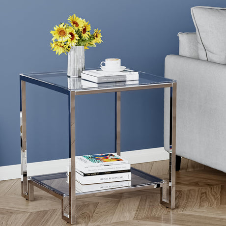 2 Tier Square End Table Side Table with Tempered Glass Top and Silver Stainless Steel