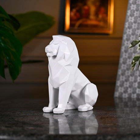 White Lion Sculpture - Abstract Geometric Animal Statue for Coffee Tables