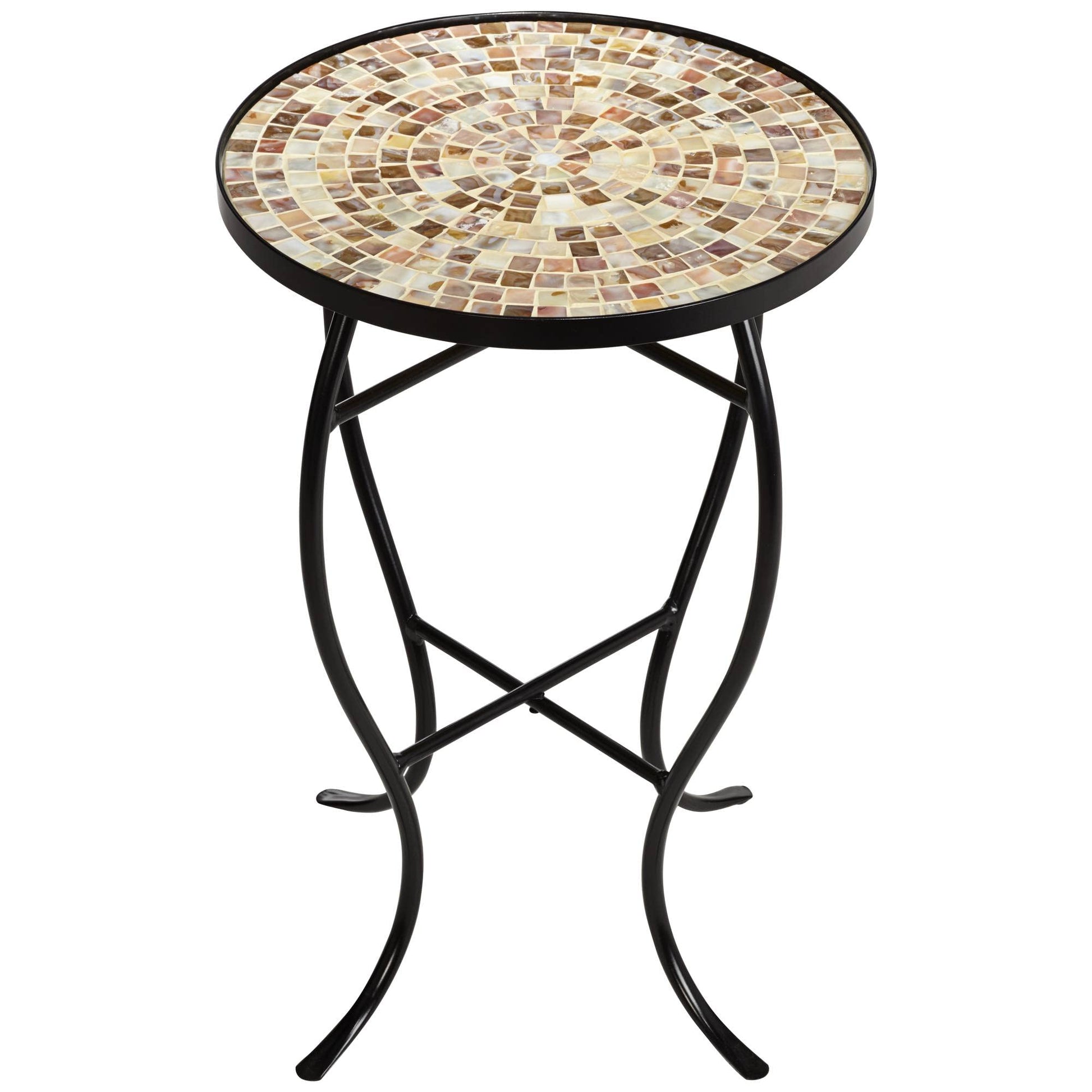 Teal Island Designs Mother of Pearl Modern Black Metal Round Outdoor Accent Side Tables 14" Wide Set of 2 Natural Mosaic Tile Tabletop Curved Legs for Spaces Porch Patio Home House Balcony Deck - Bircata
