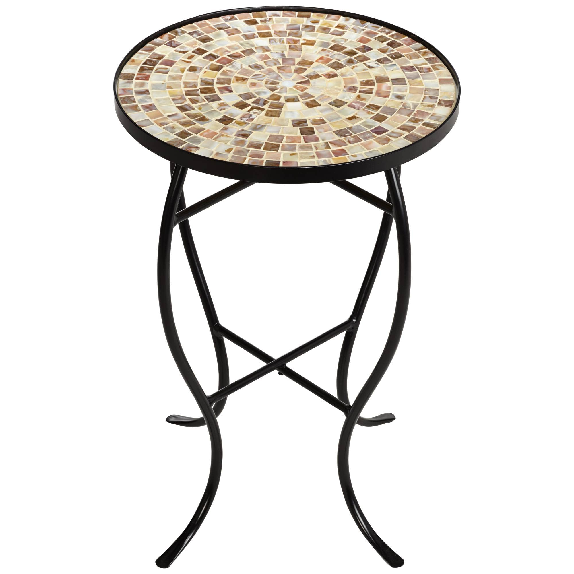 Teal Island Designs Mother of Pearl Modern Black Metal Round Outdoor Accent Side Tables 14" Wide Set of 2 Natural Mosaic Tile Tabletop Curved Legs for Spaces Porch Patio Home House Balcony Deck - Bircata