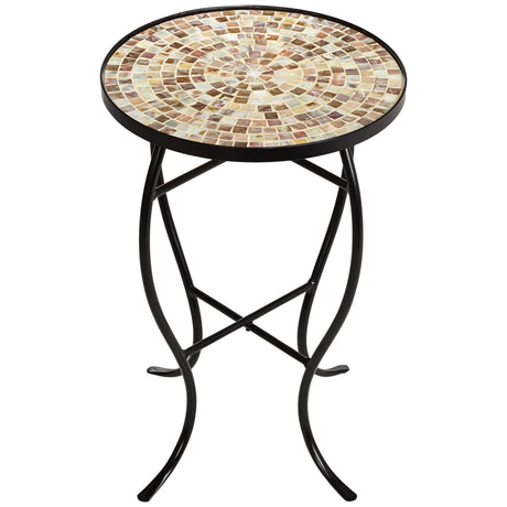 Teal Island Designs Mother of Pearl Modern Black Metal Round Outdoor Accent Side Tables 14" Wide Set of 2 Natural Mosaic Tile Tabletop Curved Legs for Spaces Porch Patio Home House Balcony Deck - Bircata