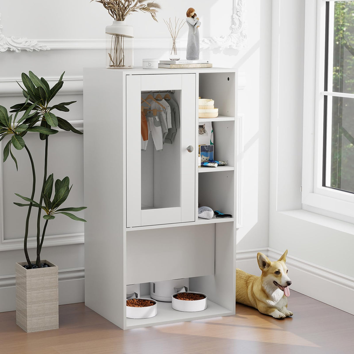 Dog & Cat Feeding Station with Automatic Feeder Storage