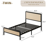 CHABUILDREARK Twin Bed Frame with Headboard, Rattan Bed Frame, Metal Platform Bed with Steel Slats Support, No Box Spring Required, Easy Assembly