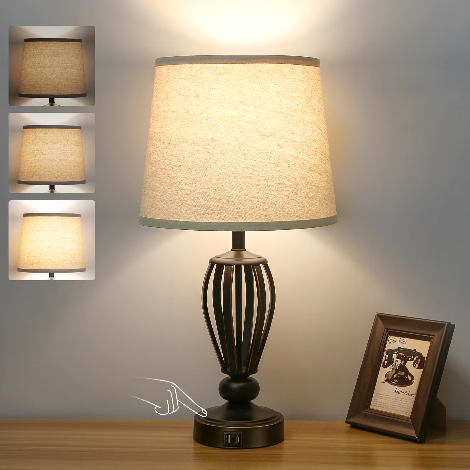 USB Bedside Lamp, 3-Way Dimmable Touch Table Lamp with USB C+A Charging Ports Industrial Table Lamp