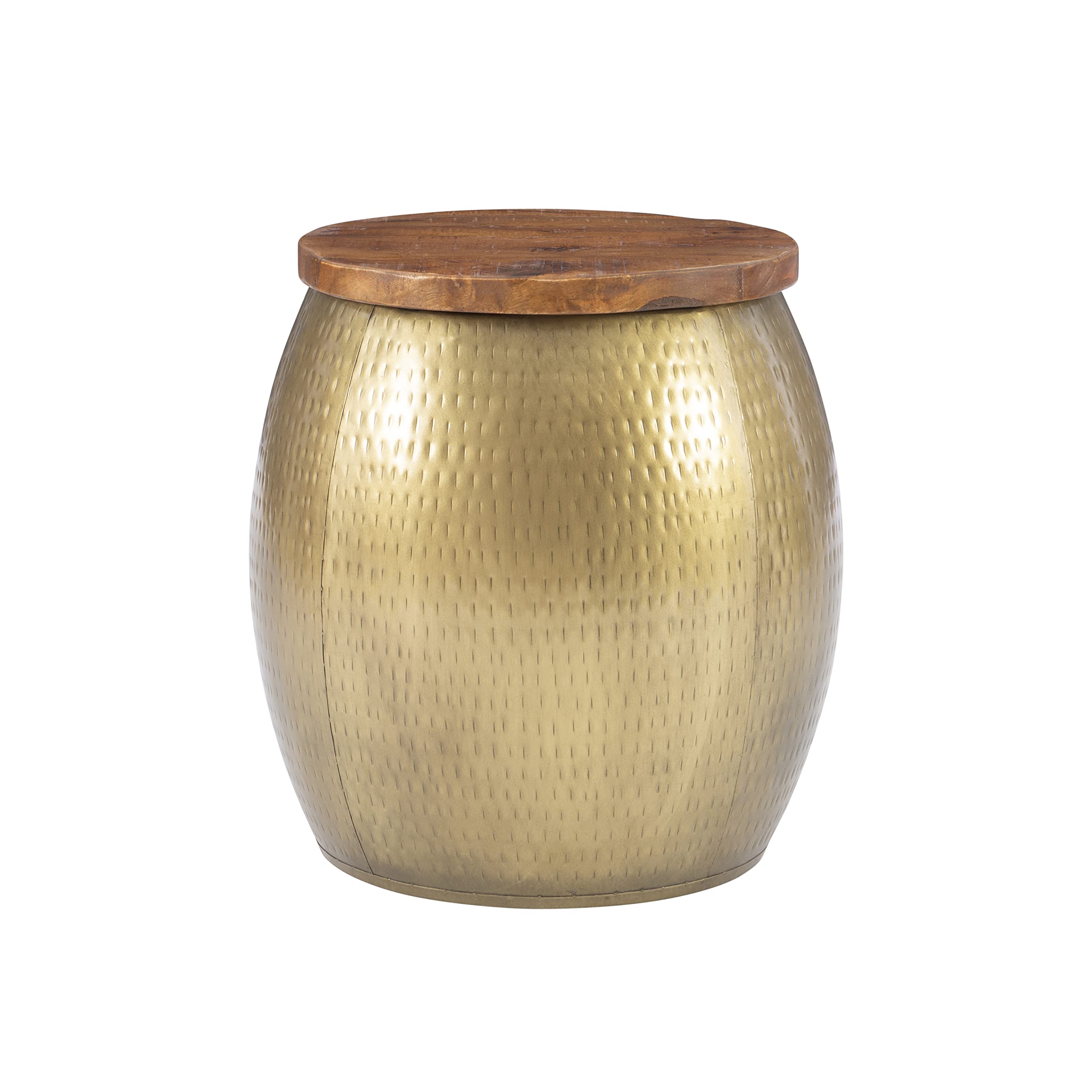 Brass Drum Side Table with Storage Beneath The Wood Top Janice