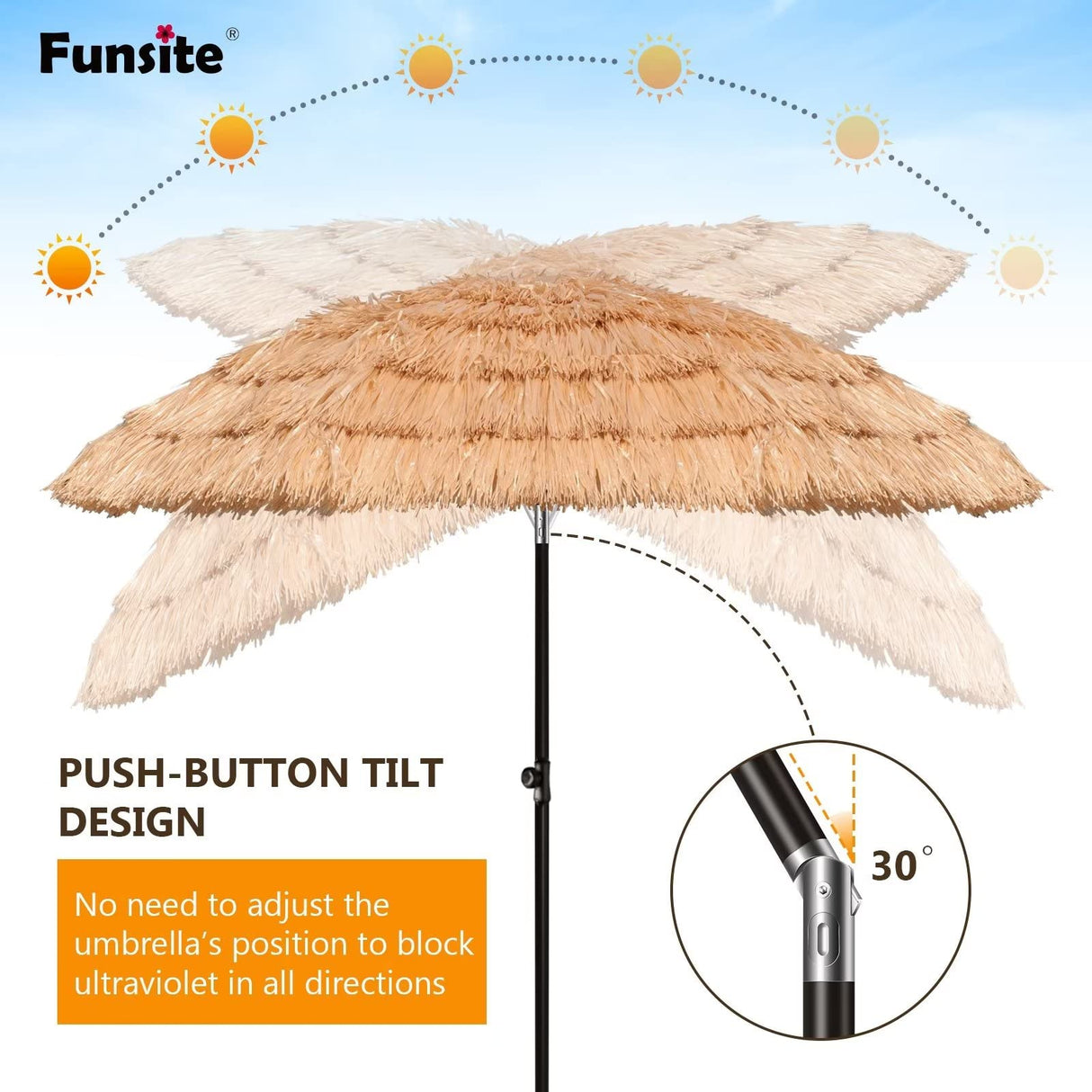 6ft Tiki Umbrellas for Outside, UV Protect Thatch Umbrella with Tilt Design