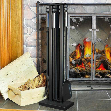 5 Pc Fireplace Set in Matte Black w Brushed Steel Finish Handles