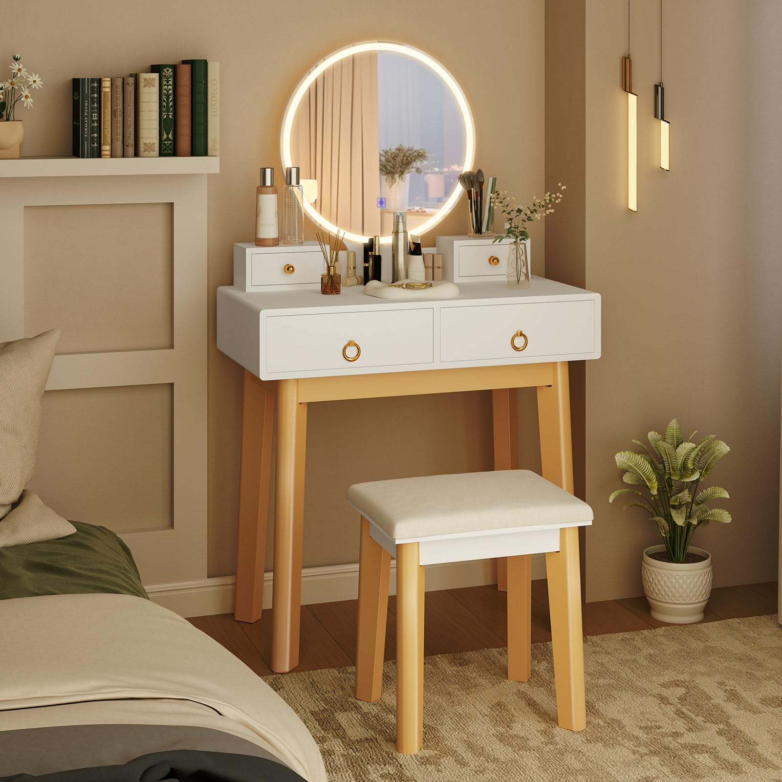 Vanity Desk Set with Lighted Mirror, Dressing Table with 3-Color LED Lights