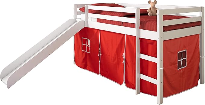 Tent Twin Low Loft Bed with Slide and Red Tent, White Finish