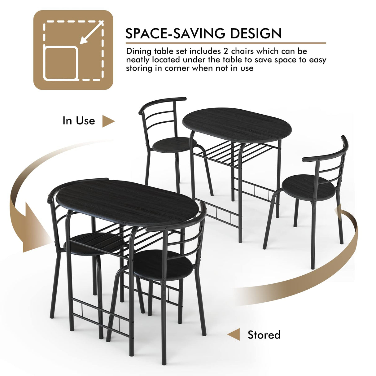 3-Piece Round Dining Table Set for 2, Compact Table & Chairs Set for Kitchen Space-saver