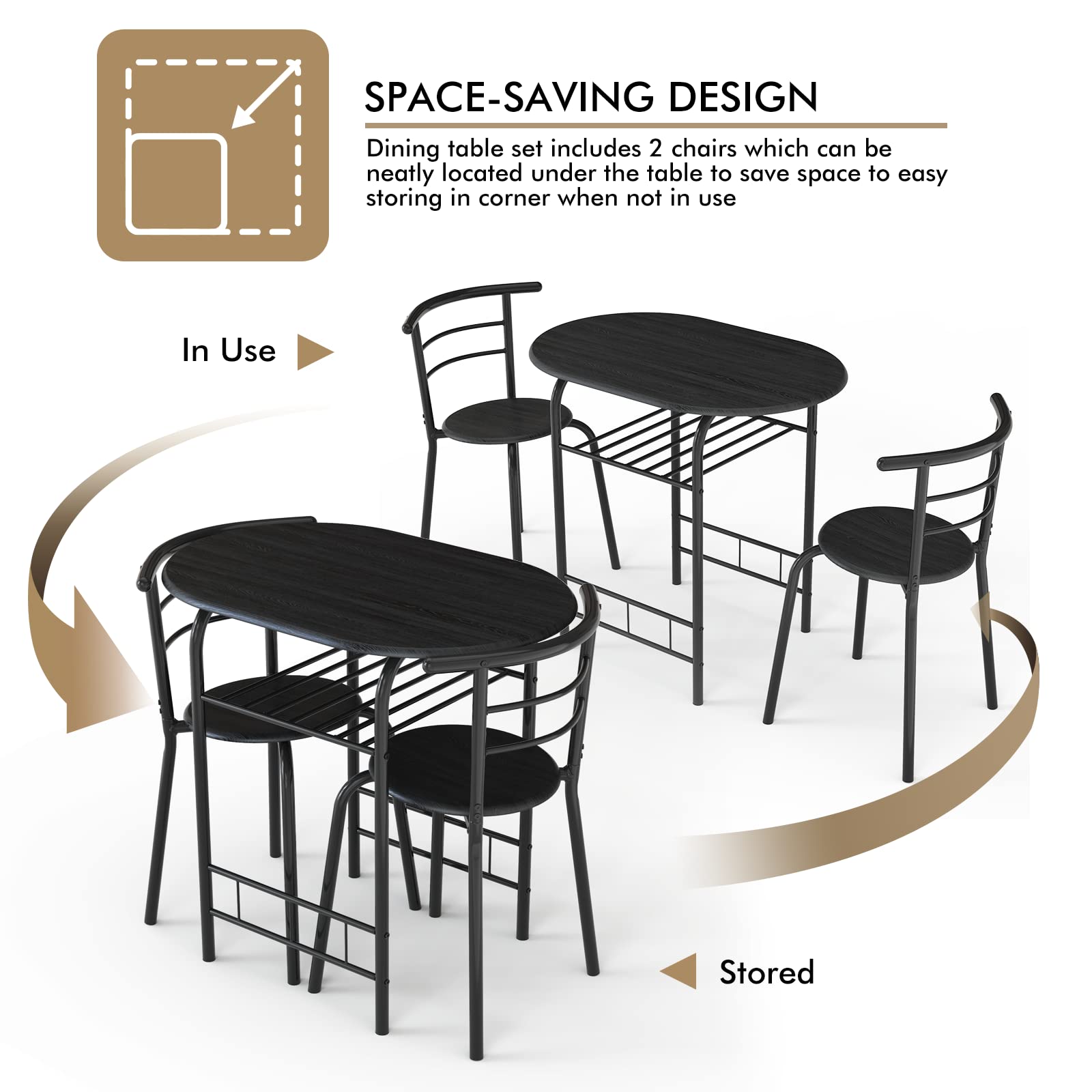 3-Piece Round Dining Table Set for 2, Compact Table & Chairs Set for Kitchen Space-saver