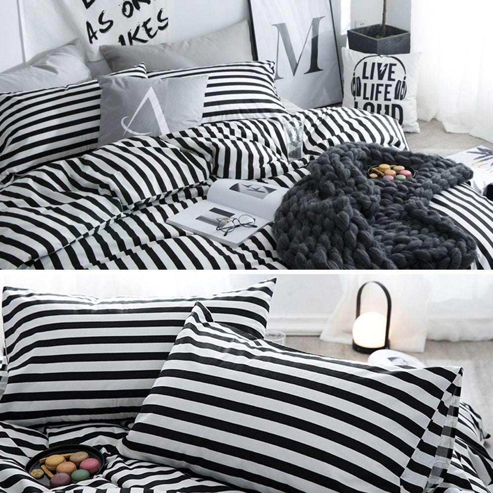 Striped Comforter Set Queen 3Pcs Black White Bedding Comforter Sets Farmhouse