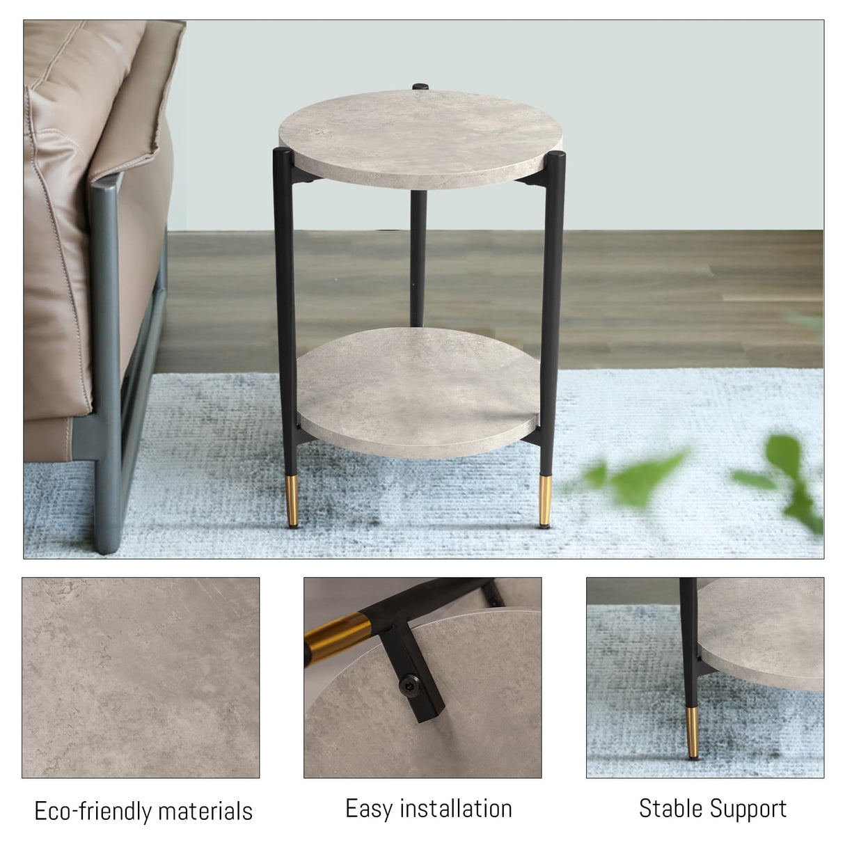 Round Side Table, 15.3" End Table with 2 MDF Shelves for Living Room, Bedroom